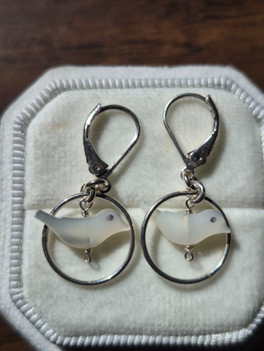 Whimsical .925 Sterling Silver Mother of Pearl Bird In Hoop Dangle Earrings